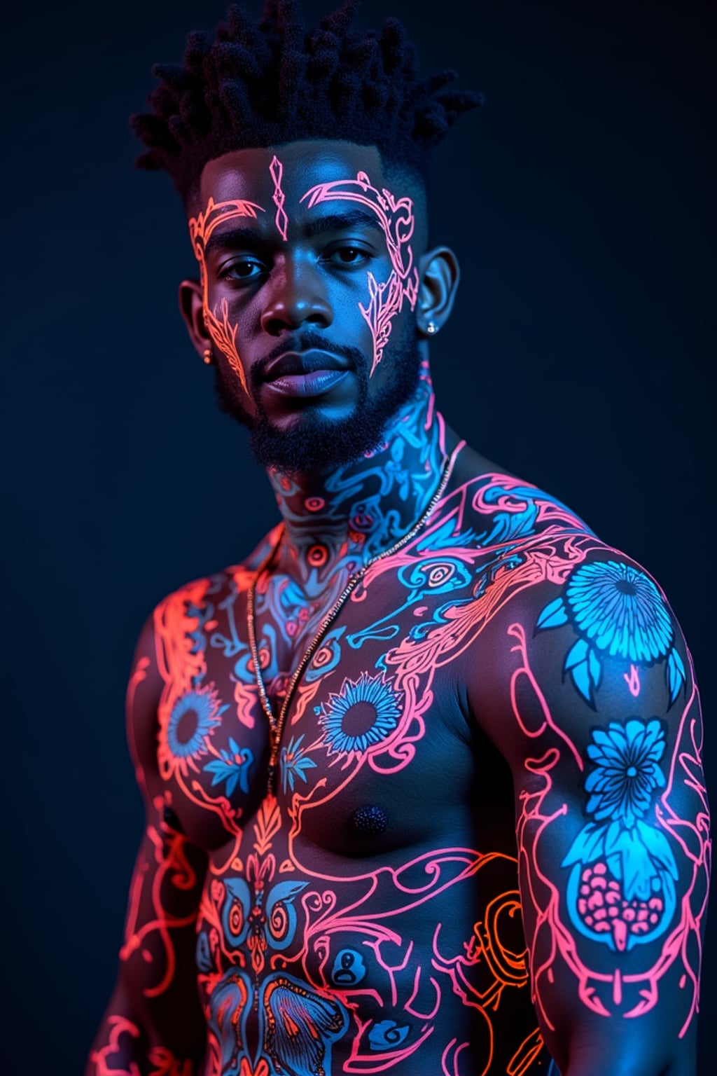 Model with glowing UV ink tattoos.  Cyberpunk neon ink details, futuristic body art. Sci-fi-inspired tattoos.