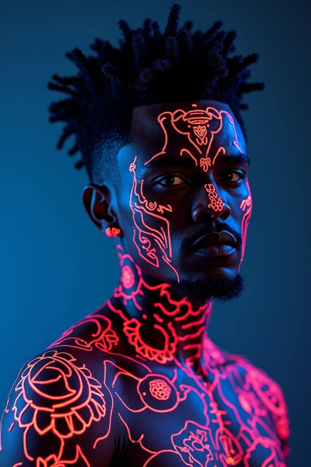 Model with glowing UV ink tattoos.  Cyberpunk neon ink details, futuristic body art. Sci-fi-inspired tattoos.