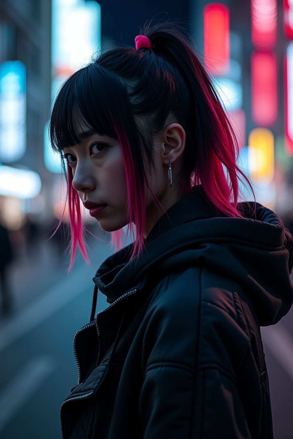 Cyberpunk Tokyo portrait.  Dark hoodie, neon streaks in hair, futuristic techwear. Blade Runner aesthetic.