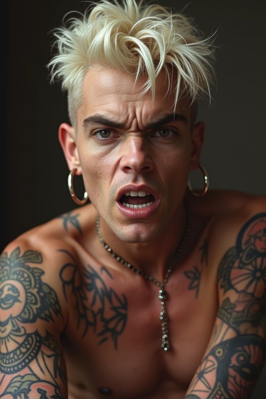 full body photo of Dramatic close-up for a 1990s album cover, intense expression. Looking fierce with platinum blonde hair and tattoos .