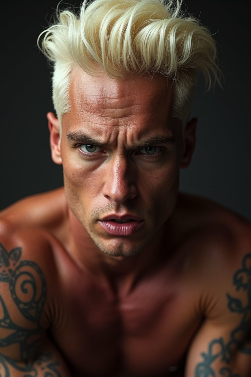 full body photo of Dramatic close-up for a 1990s album cover, intense expression. Looking fierce with platinum blonde hair and tattoos .