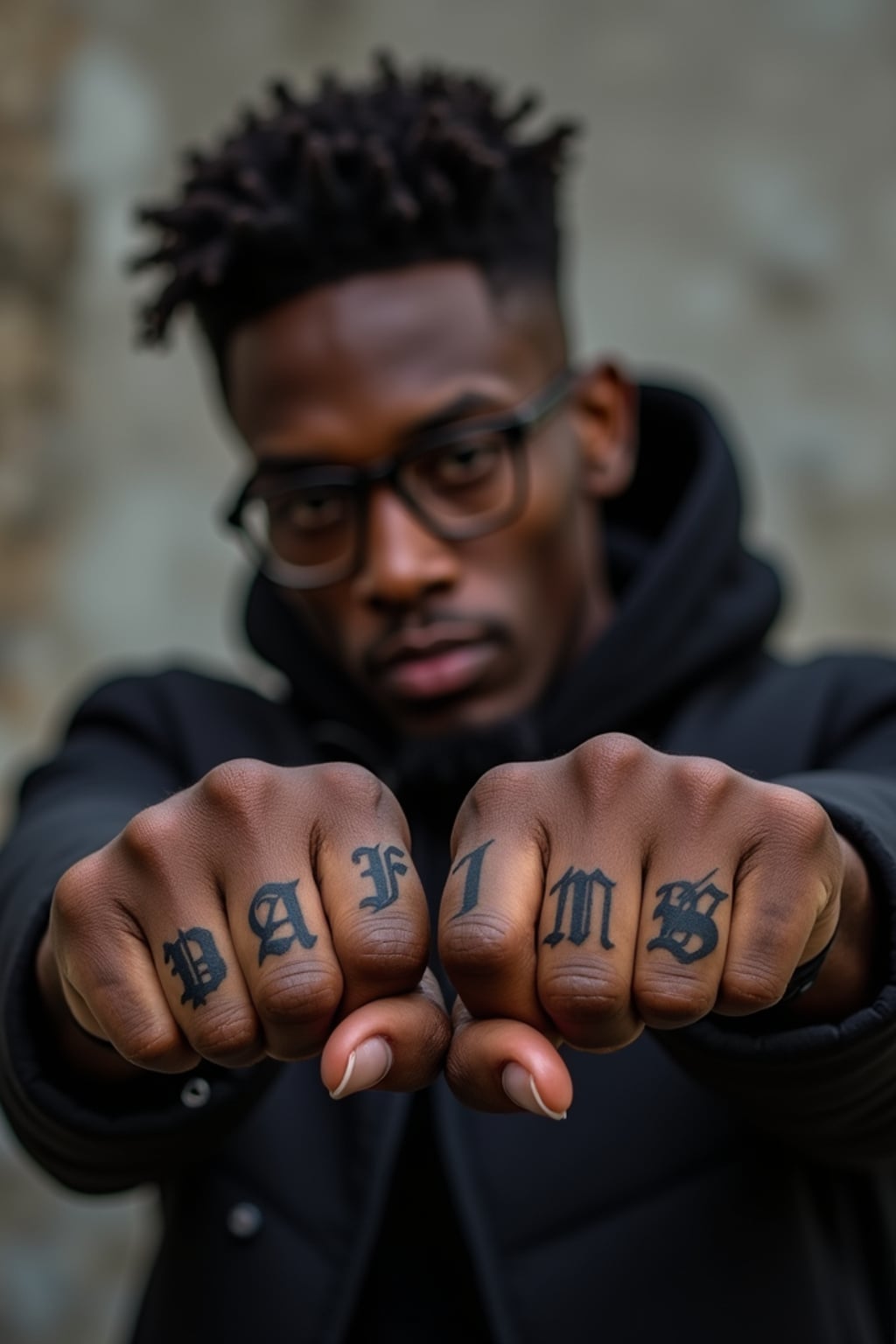 Model with tattooed knuckles and fingers, statement ink.  Bold single-letter knuckle tattoos, impactful look. Street-style photography.