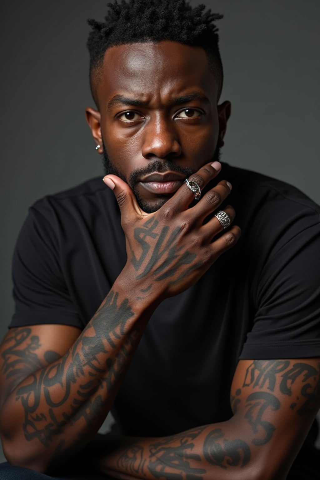 Model with tattooed knuckles and fingers, statement ink.  Bold single-letter knuckle tattoos, impactful look. Street-style photography.