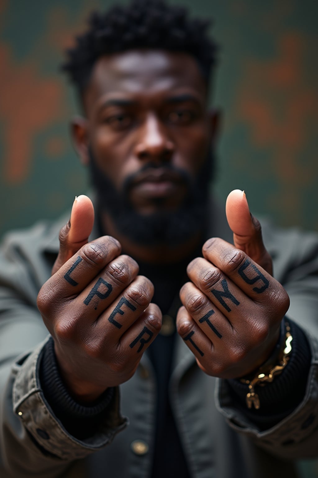 Model with tattooed knuckles and fingers, statement ink.  Bold single-letter knuckle tattoos, impactful look. Street-style photography.