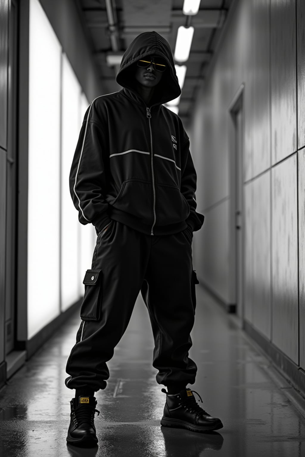 black and white album cover, full body photo of Neon-lit 1990s rap album aesthetic, cyberpunk background. Wearing a futuristic tracksuit, striking rap pose . Sci-fi hip-hop crossover.