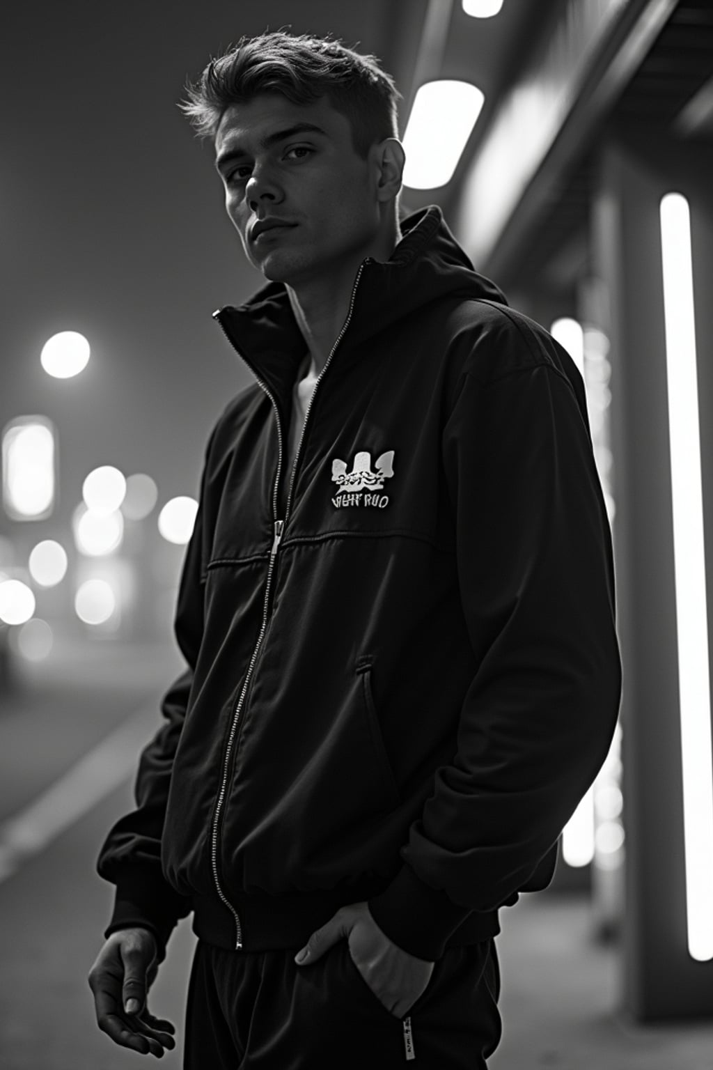black and white album cover, full body photo of Neon-lit 1990s rap album aesthetic, cyberpunk background. Wearing a futuristic tracksuit, striking rap pose . Sci-fi hip-hop crossover.