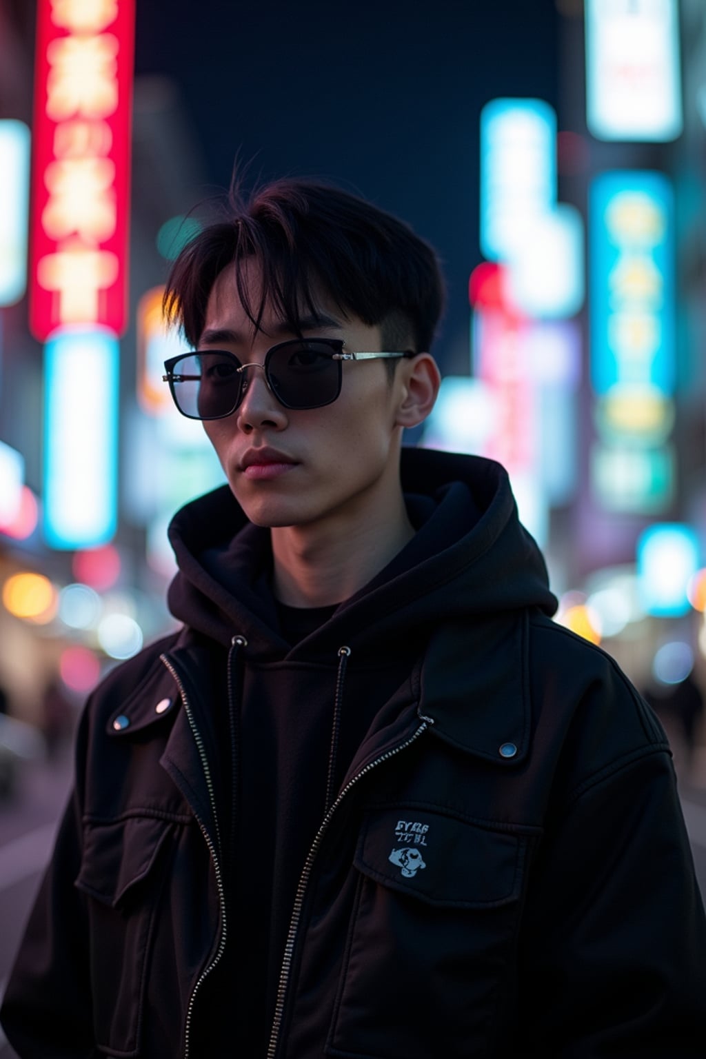 Model standing in neon-lit Tokyo at night, cyberpunk cityscape in the background.  Wearing cyberpunk sunglasses, dark streetwear. Dramatic lighting, moody reflections.