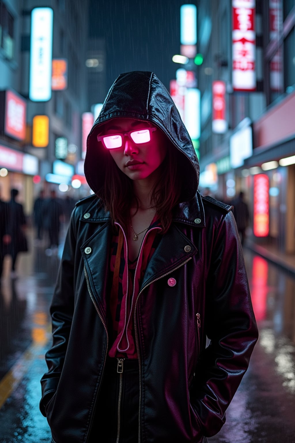 Rainy night in Shibuya, reflections of neon lights on the wet streets.  Dark neon-lit outfit, glowing cyberpunk glasses. Cyberpunk realism.