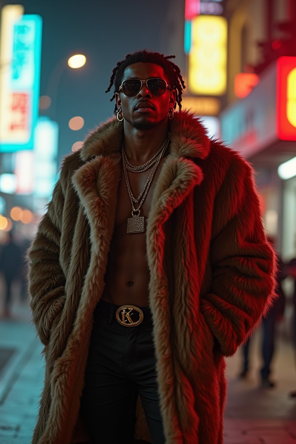 full body photo of High-energy street 1990s rap photoshoot. Luxury fur coat, bold attitude, holding a mic . Classic 90s hip-hop vibes.