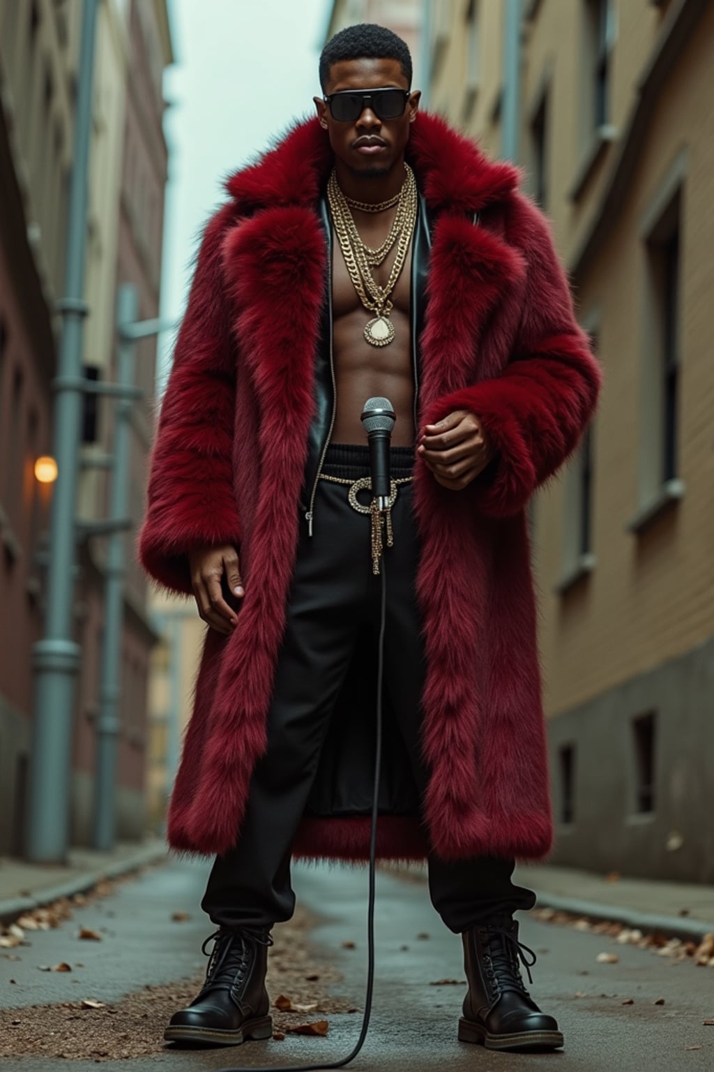 full body photo of High-energy street 1990s rap photoshoot. Luxury fur coat, bold attitude, holding a mic . Classic 90s hip-hop vibes.