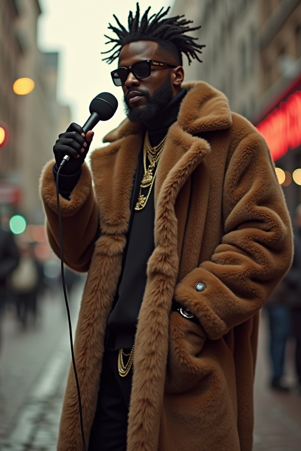 full body photo of High-energy street 1990s rap photoshoot. Luxury fur coat, bold attitude, holding a mic . Classic 90s hip-hop vibes.