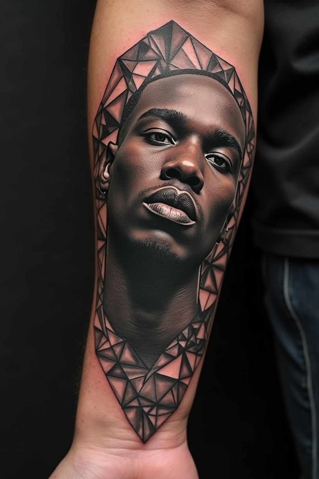 Model with a surrealist tattoo aesthetic.  Escher-inspired 3D impossible geometry tattoo on forearm. Mind-bending design.