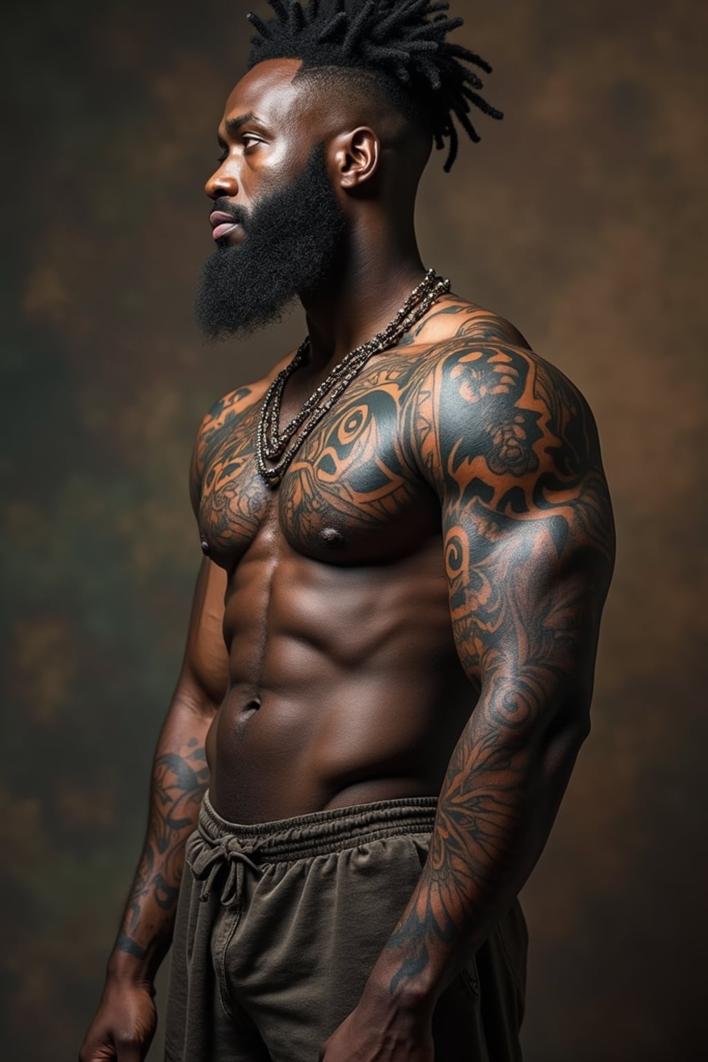 Model with a mythological tattoo inspiration.  Odin or Zeus tattoo sleeve, highly detailed. Renaissance art inspiration.