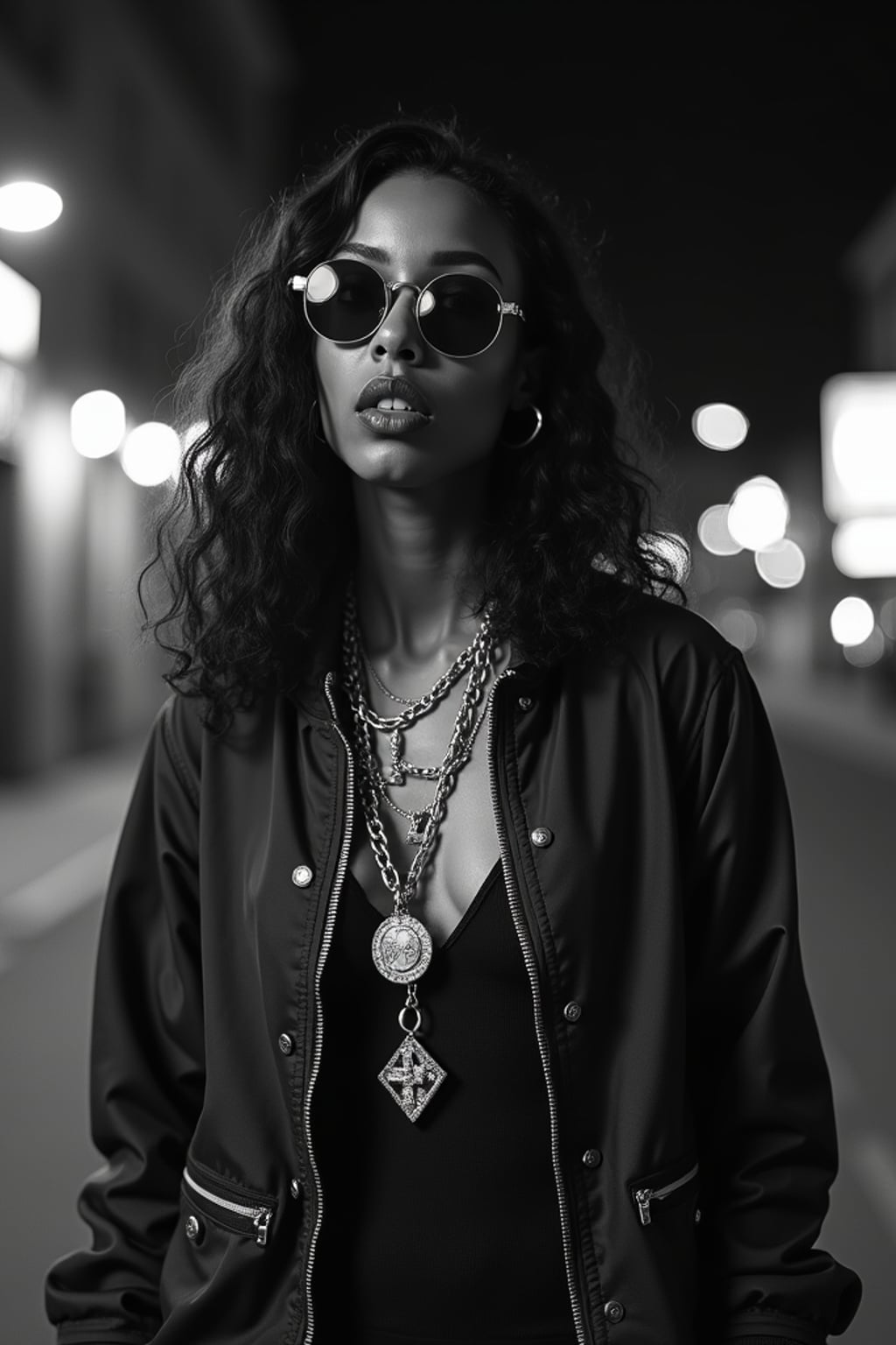 black and white album cover, full body photo of Model posing for a 1990s rap album cover. Wearing oversized sunglasses, gold chains, streetwear jacket . Dark moody lighting, urban backdrop.