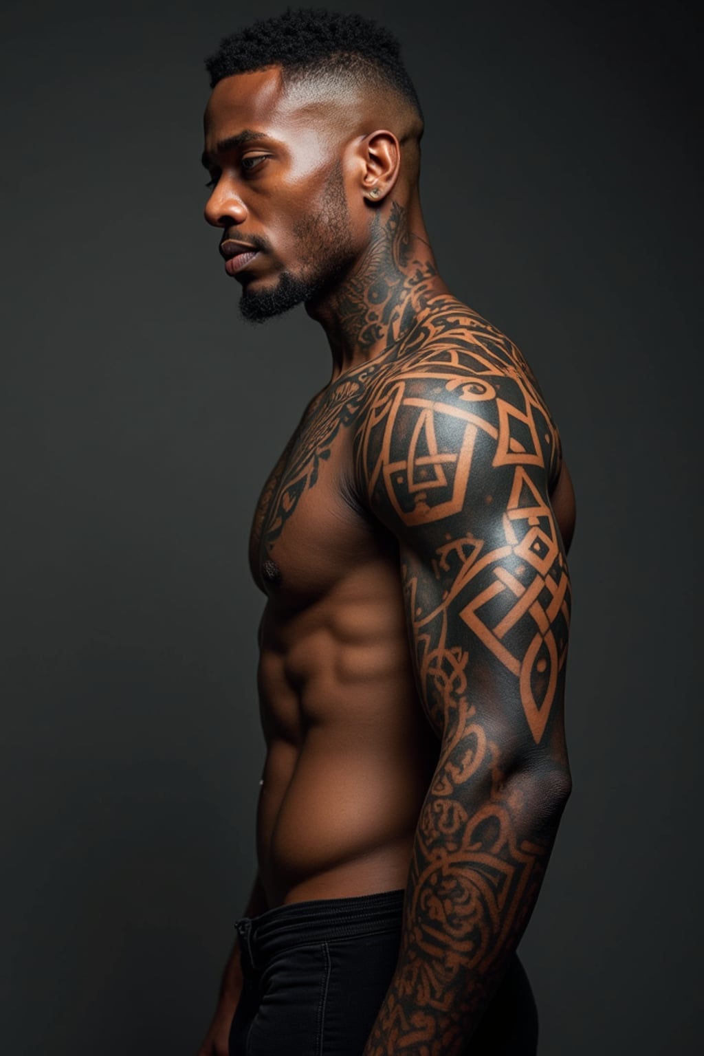 Model with blackout tattoos and bold geometric designs.  Full geometric blackout arm piece, modern body art. Extreme tattoo style.
