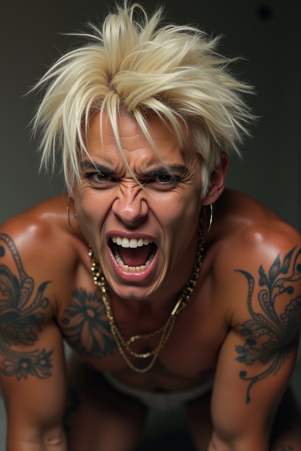full body photo of Dramatic close-up for a 1990s album cover, intense expression. Looking fierce with platinum blonde hair and tattoos .