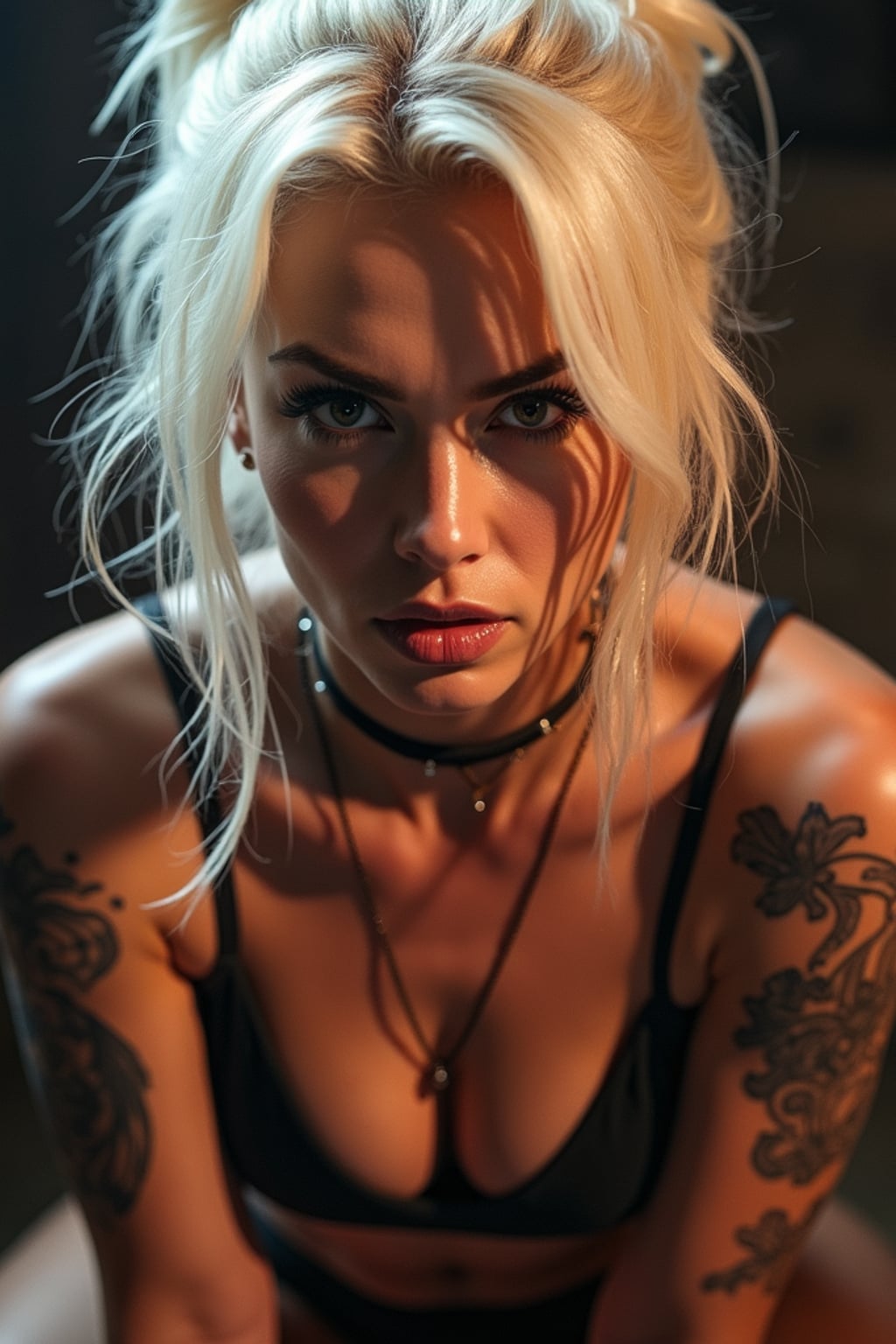 full body photo of Dramatic close-up for a 1990s album cover, intense expression. Looking fierce with platinum blonde hair and tattoos .