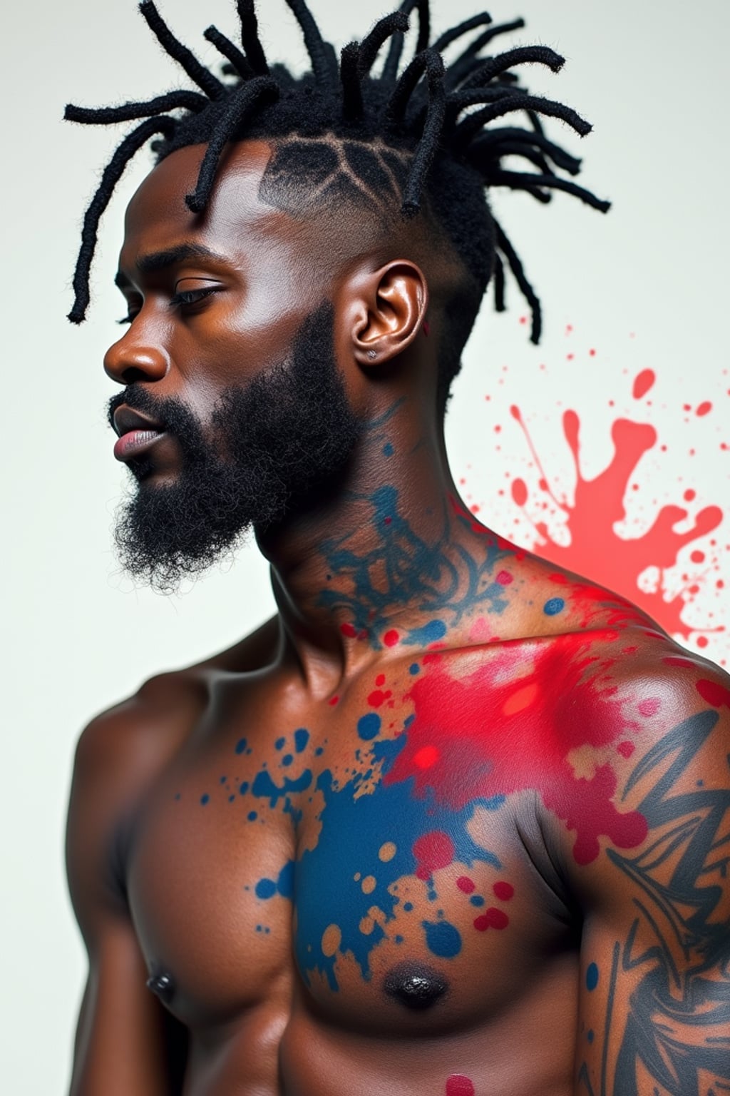 Model with an abstract watercolor tattoos.  Bold splashes of red and blue ink, unique brushstroke effects. Experimental tattoo art.