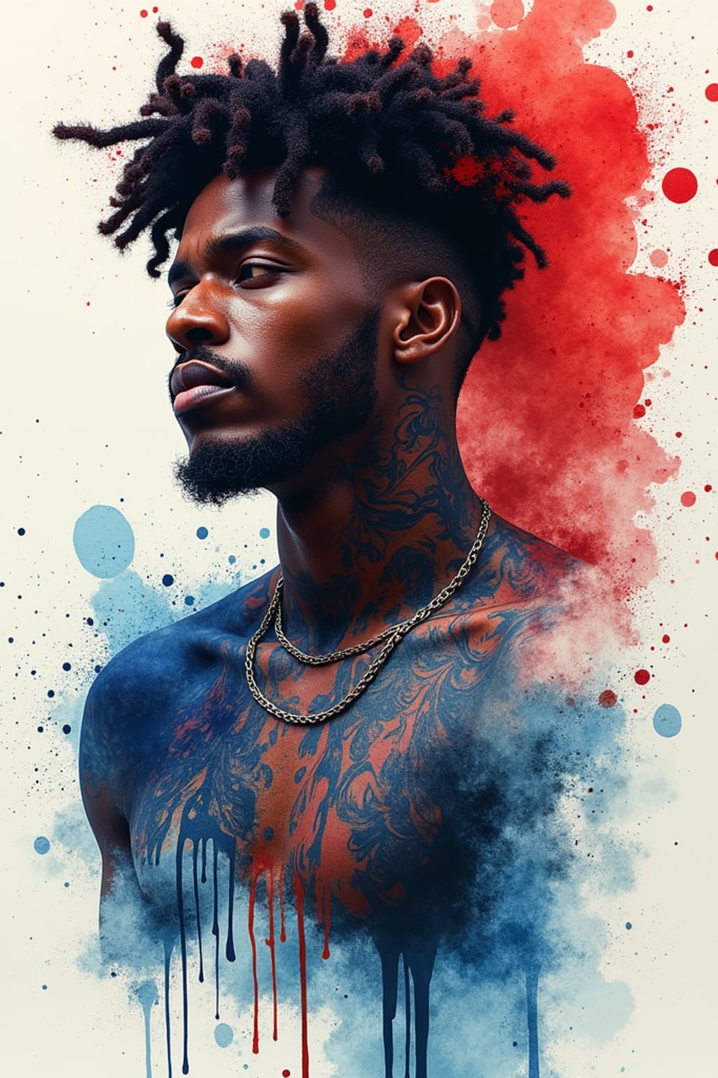 Model with an abstract watercolor tattoos.  Bold splashes of red and blue ink, unique brushstroke effects. Experimental tattoo art.