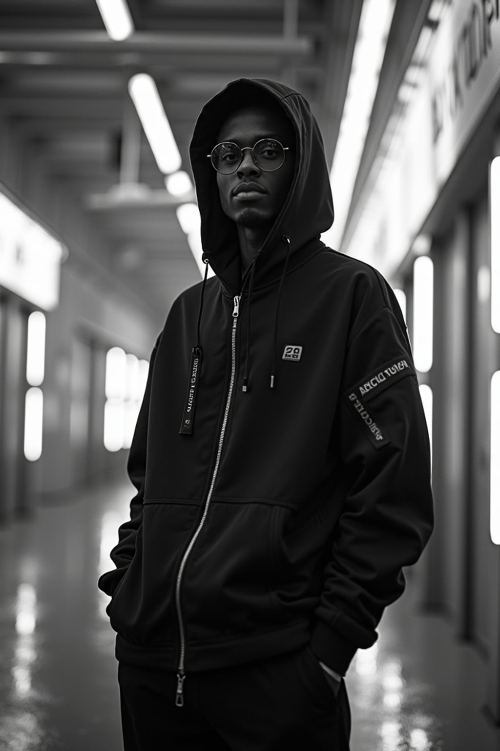 black and white album cover, full body photo of Neon-lit 1990s rap album aesthetic, cyberpunk background. Wearing a futuristic tracksuit, striking rap pose . Sci-fi hip-hop crossover.