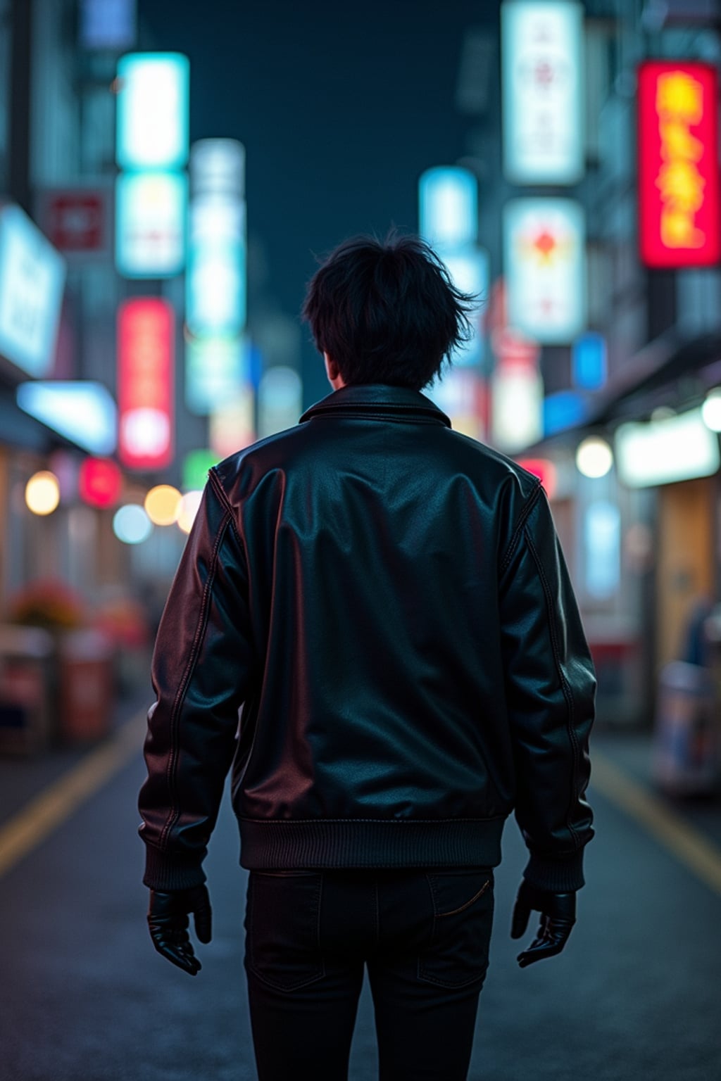Walking through the streets of Tokyo at night.  Leather jacket, cyberpunk techwear, glowing background. AI cinematic photography.