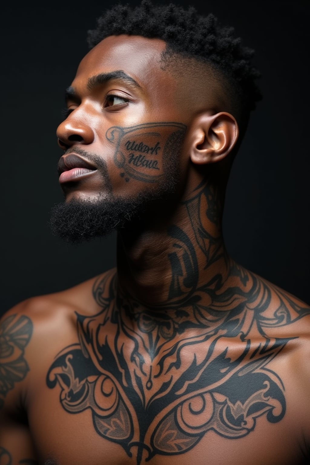 Model with a neck tattoo focus, bold statement ink.  Intense geometric tattoo spanning the throat and shoulders. Strong, confident expression.