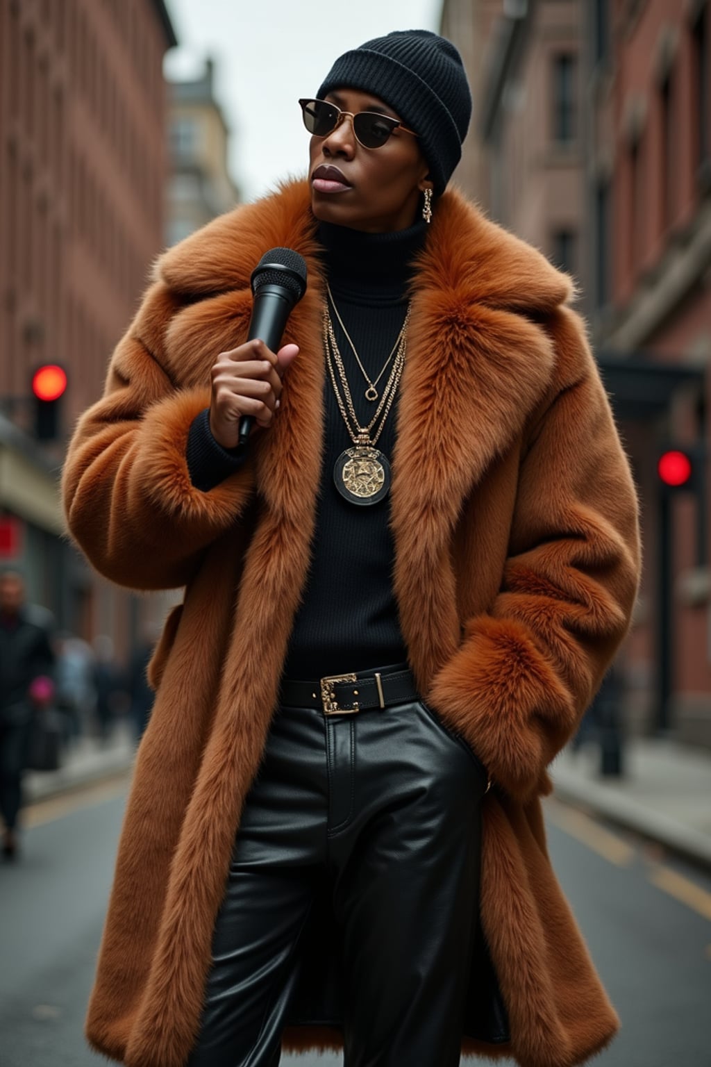 full body photo of High-energy street 1990s rap photoshoot. Luxury fur coat, bold attitude, holding a mic . Classic 90s hip-hop vibes.