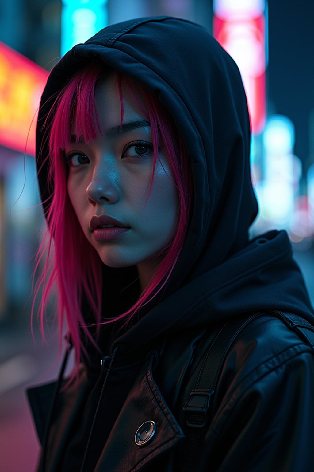 Cyberpunk Tokyo portrait.  Dark hoodie, neon streaks in hair, futuristic techwear. Blade Runner aesthetic.