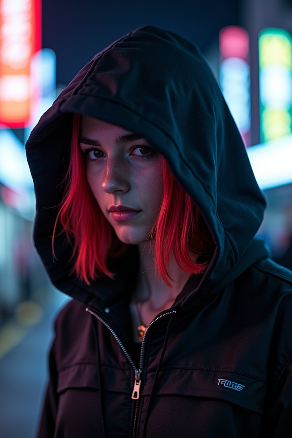 Cyberpunk Tokyo portrait.  Dark hoodie, neon streaks in hair, futuristic techwear. Blade Runner aesthetic.