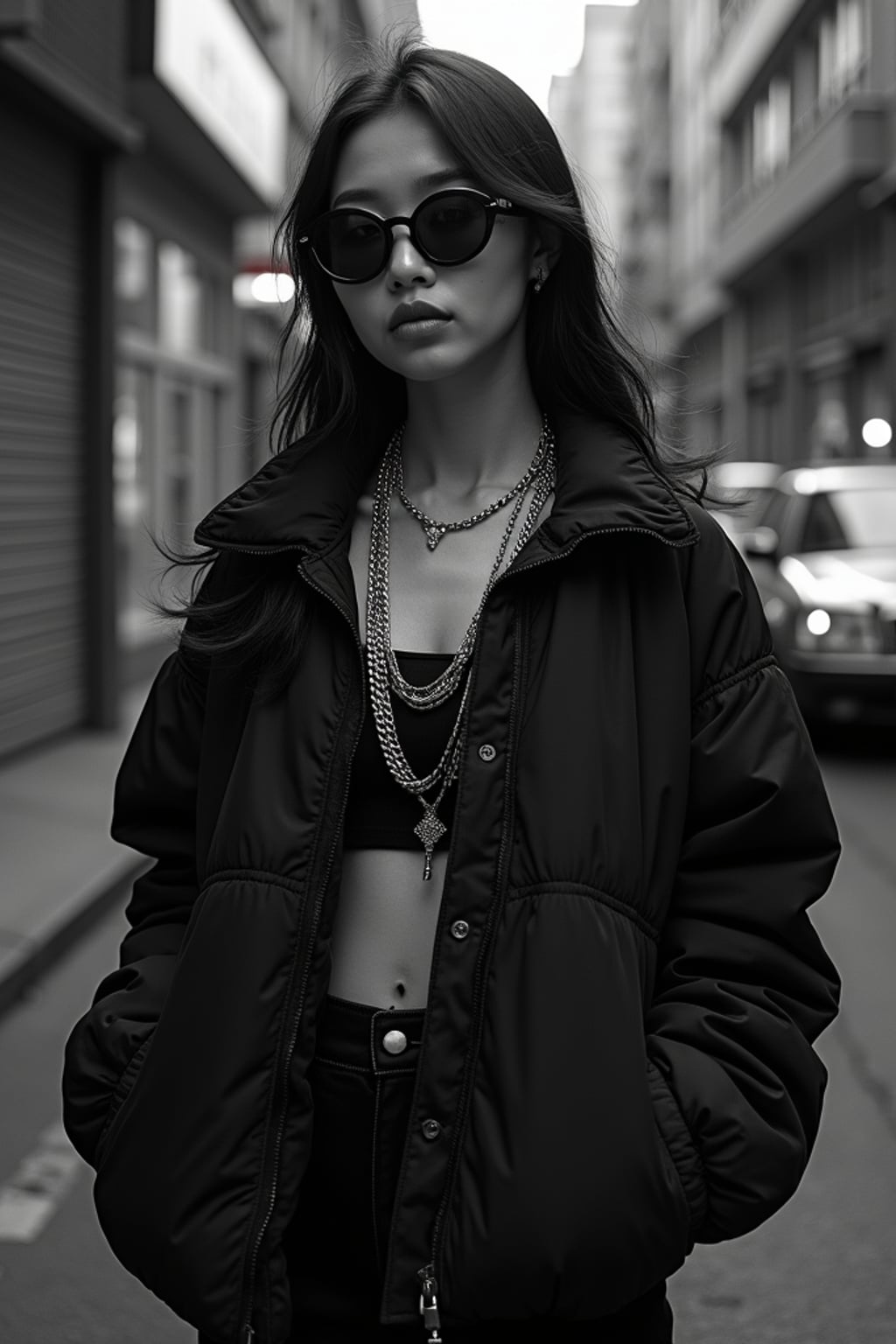 black and white album cover, full body photo of Model posing for a 1990s rap album cover. Wearing oversized sunglasses, gold chains, streetwear jacket . Dark moody lighting, urban backdrop.