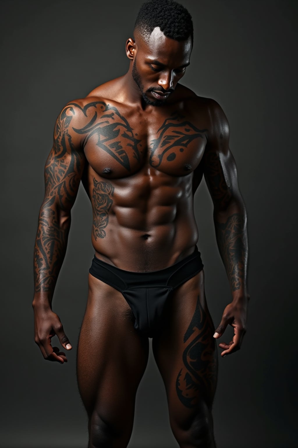 Model with tattooed legs and thighs, bold designs.  Dark tribal design covering the shin, aggressive aesthetics. Artistic photography.