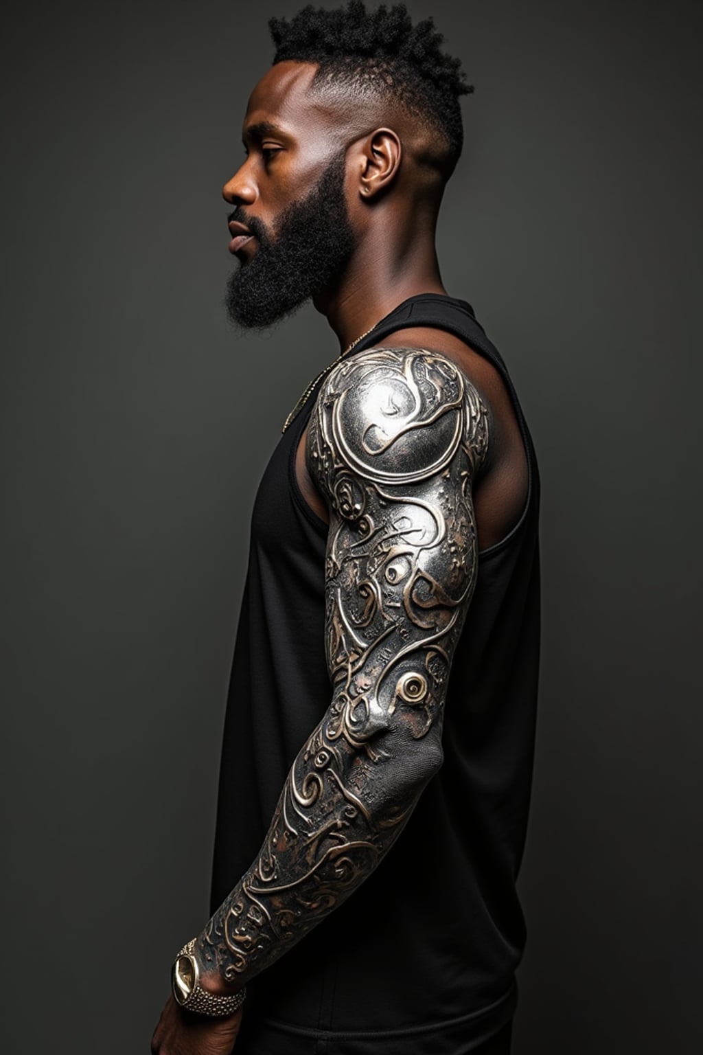 Model with a tattoo sleeve concept.  Full-arm biomechanical sleeve, metallic ink effect. Highly detailed.