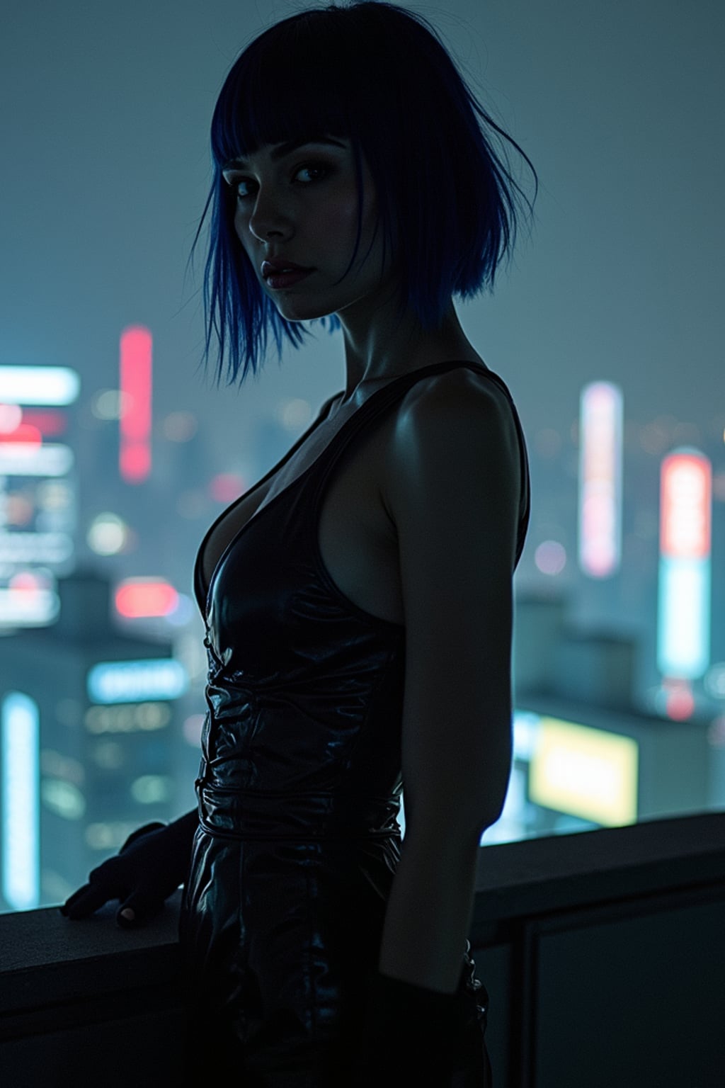 Tokyo rooftop photoshoot at night. Sleek cyberpunk dress, dramatic lighting . Breathtaking cityscape photography.