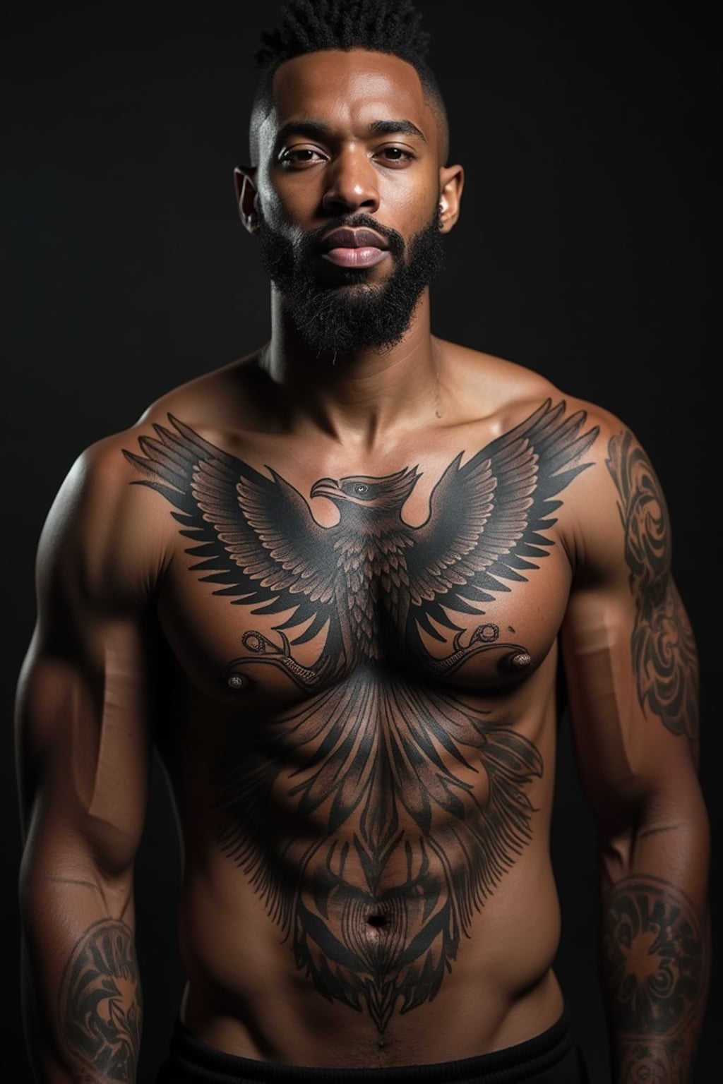 Model with a chest tattoo showcase.  Large eagle chest tattoo, bold tribal ink. Deep shadows, powerful look.