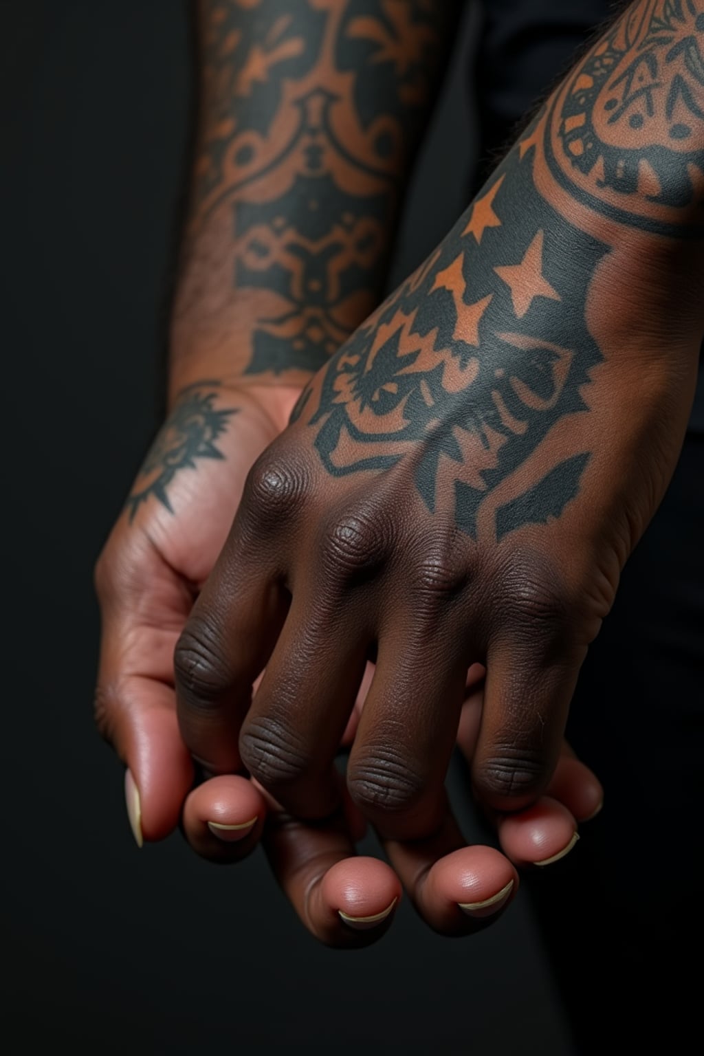 Model with tattooed hands, detailed close-up.  Masculine hand tattoos, sharp detailing. High-quality tattoo reference.