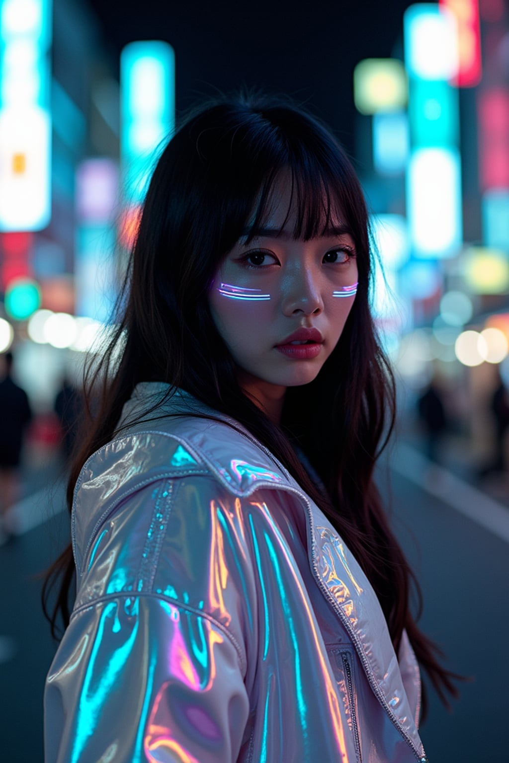 Walking through the streets of Tokyo at night. Holographic jacket, neon eyeliner, futuristic style . AI cinematic photography.