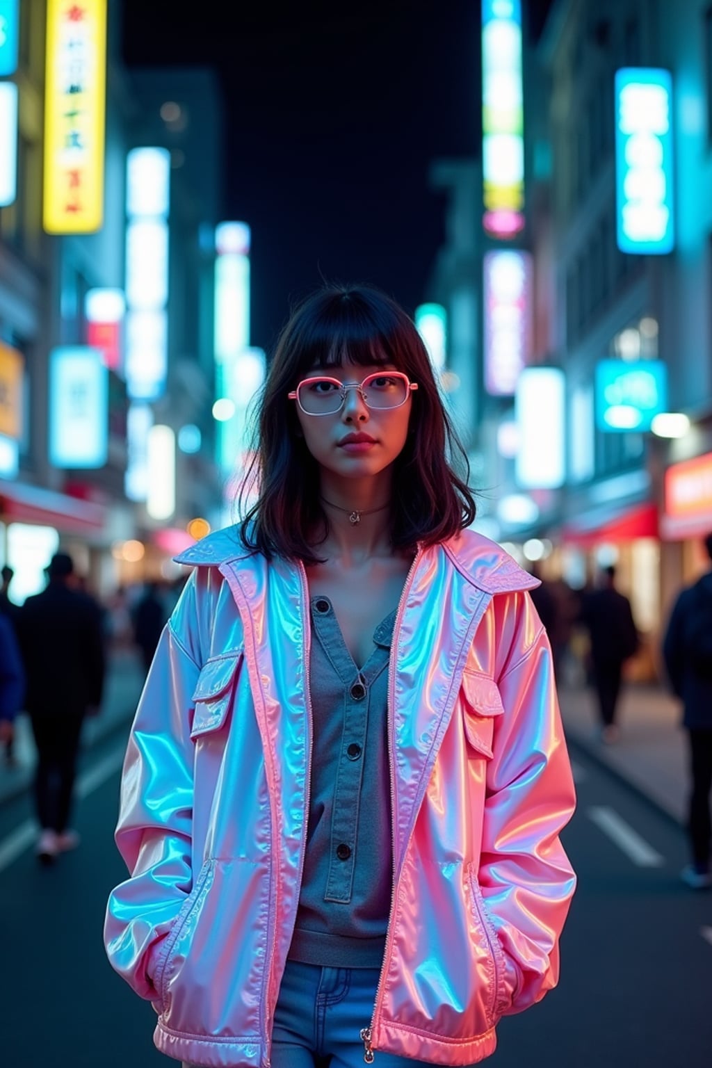 Walking through the streets of Tokyo at night. Holographic jacket, neon eyeliner, futuristic style . AI cinematic photography.