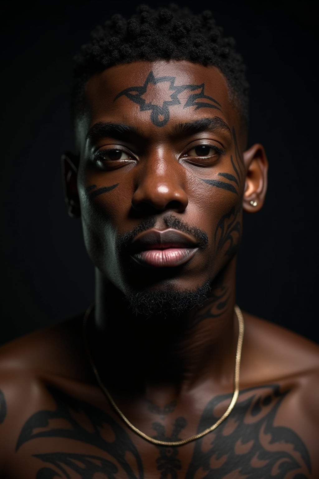 Model with a face tattoo portrait.  Bold tribal-inspired face tattoo. Dark moody lighting.