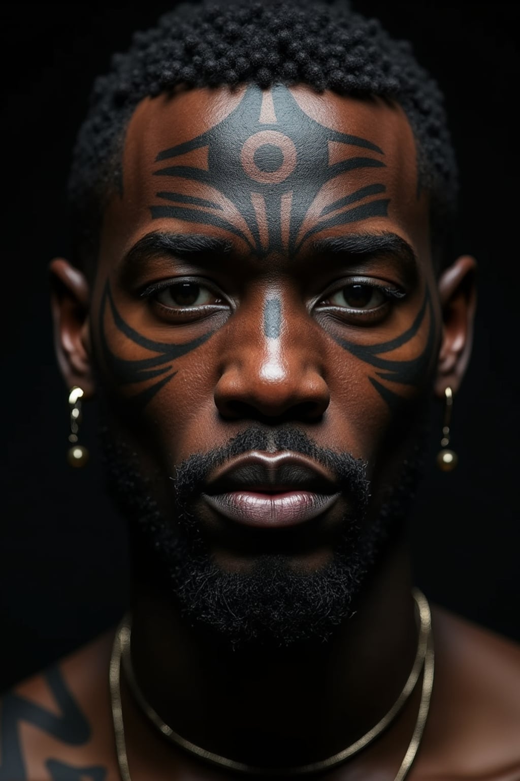 Model with a face tattoo portrait.  Bold tribal-inspired face tattoo. Dark moody lighting.