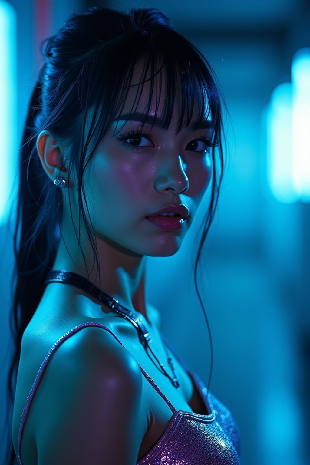 Cyberpunk Tokyo portrait. Blue neon lights reflecting off metallic dress, futuristic makeup . Blade Runner aesthetic.
