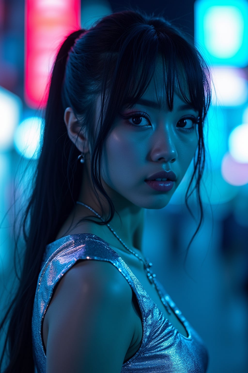 Cyberpunk Tokyo portrait. Blue neon lights reflecting off metallic dress, futuristic makeup . Blade Runner aesthetic.