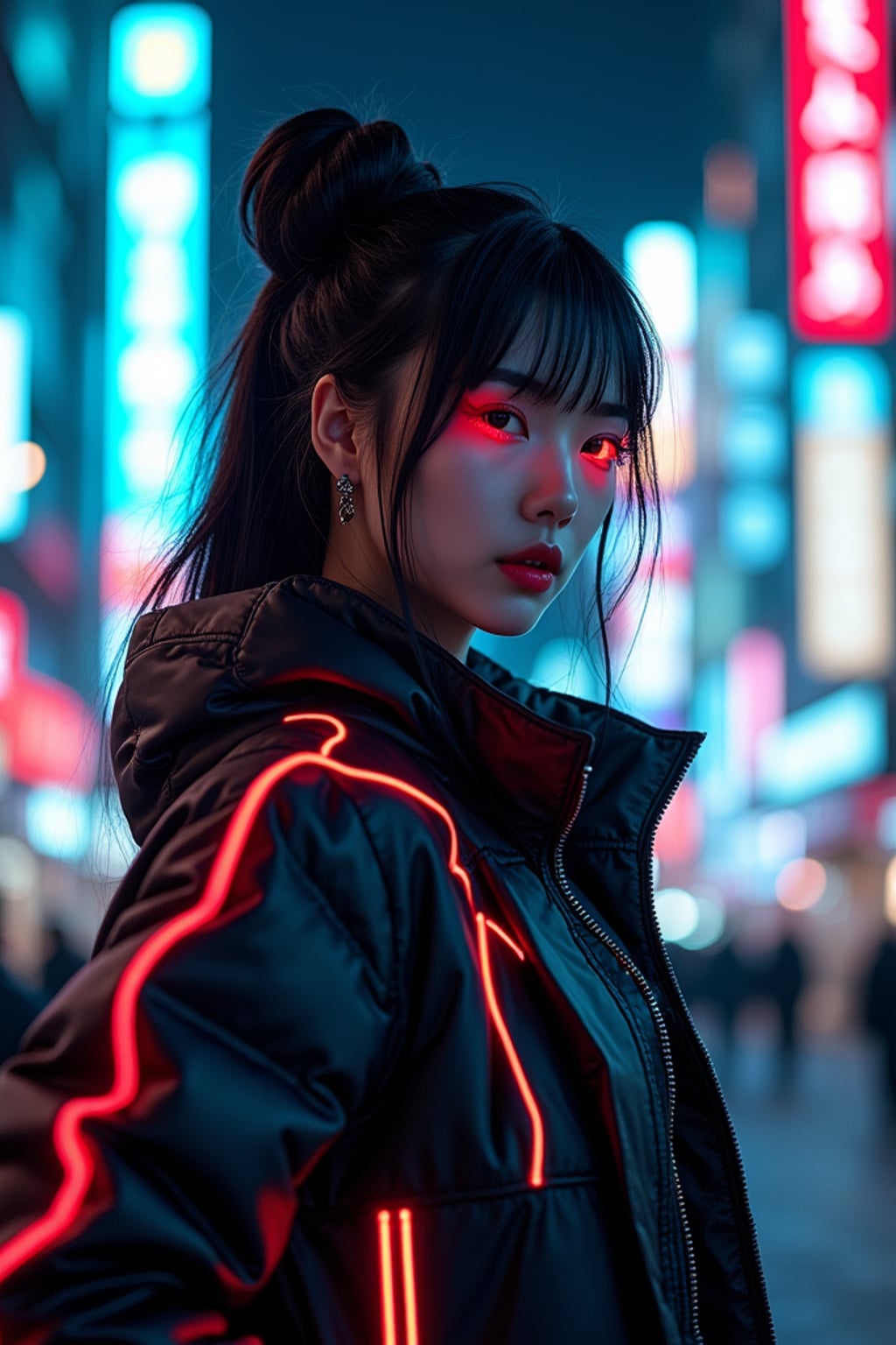 Model standing in neon-lit Tokyo at night, cyberpunk cityscape in the background. Wearing a futuristic jacket, glowing neon accessories . Dramatic lighting, moody reflections.