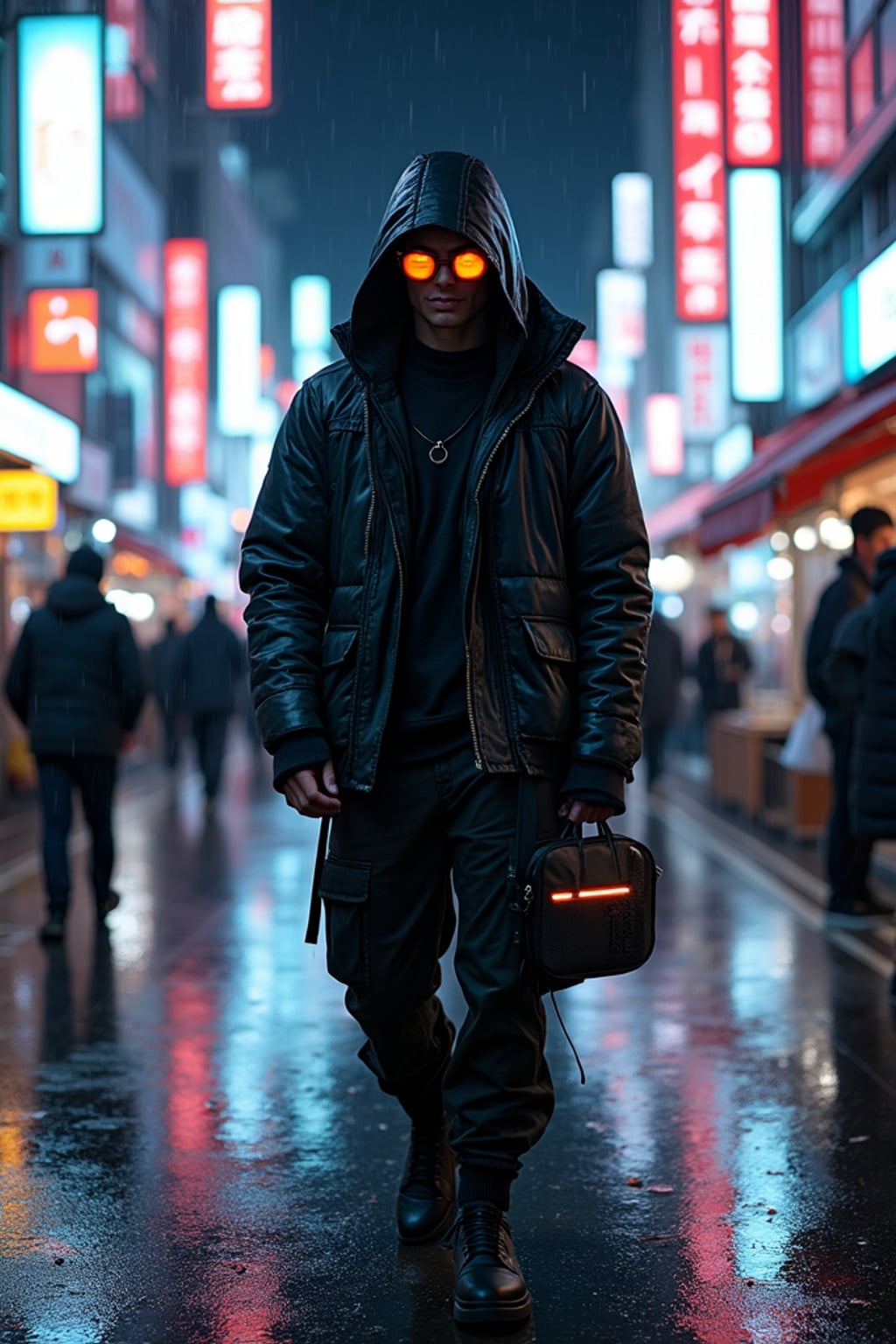 Rainy night in Shibuya, reflections of neon lights on the wet streets. High-tech streetwear, futuristic accessories . Cyberpunk realism.