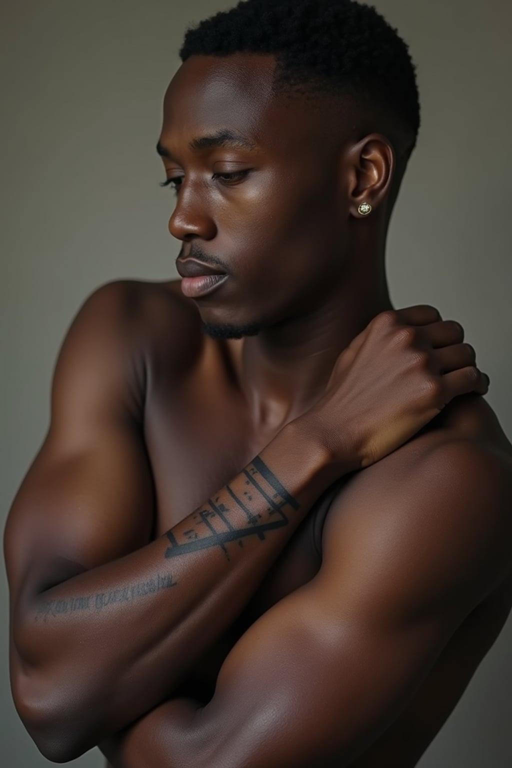 Model with a minimalist fine-line tattoos on the arm and wrist.  Geometric minimalist tattoo. Subtle and stylish body art.