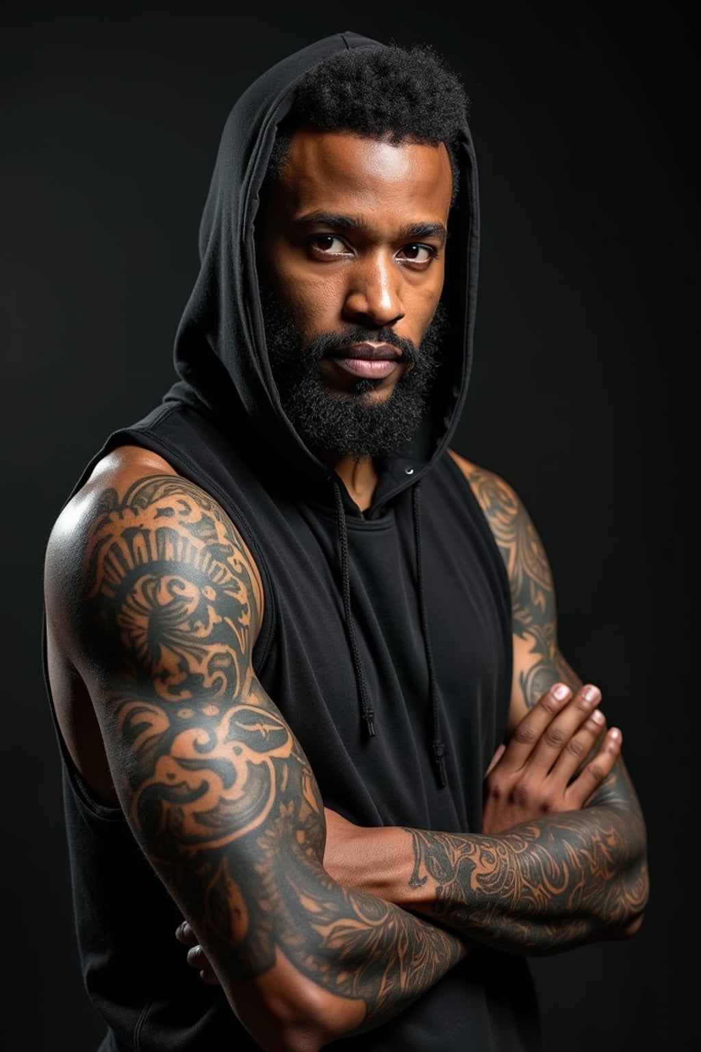 Model with a full sleeve tattoo, intricate tattoo.  Wearing a sleeveless hoodie, tattoos visible. Detailed tattoo art, high contrast photography.
