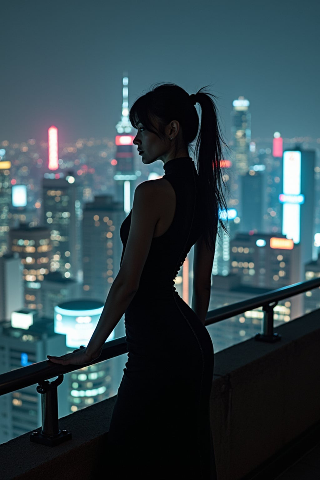 Tokyo rooftop photoshoot at night. Sleek cyberpunk dress, dramatic lighting . Breathtaking cityscape photography.