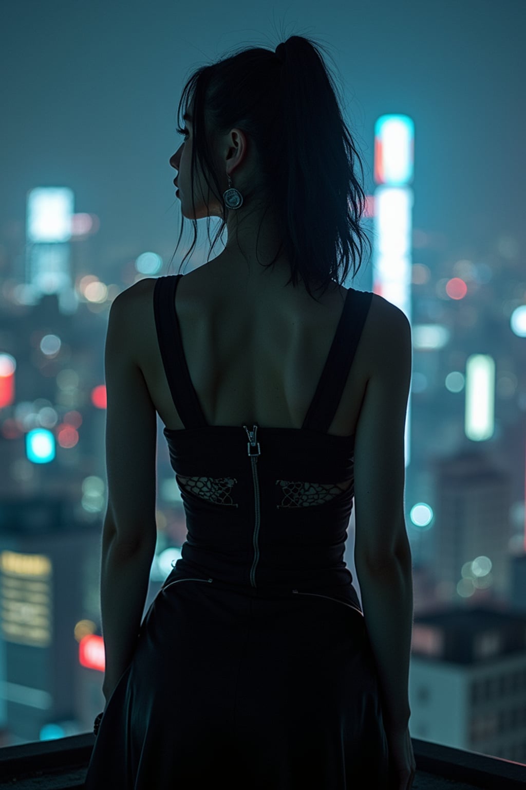 Tokyo rooftop photoshoot at night. Sleek cyberpunk dress, dramatic lighting . Breathtaking cityscape photography.