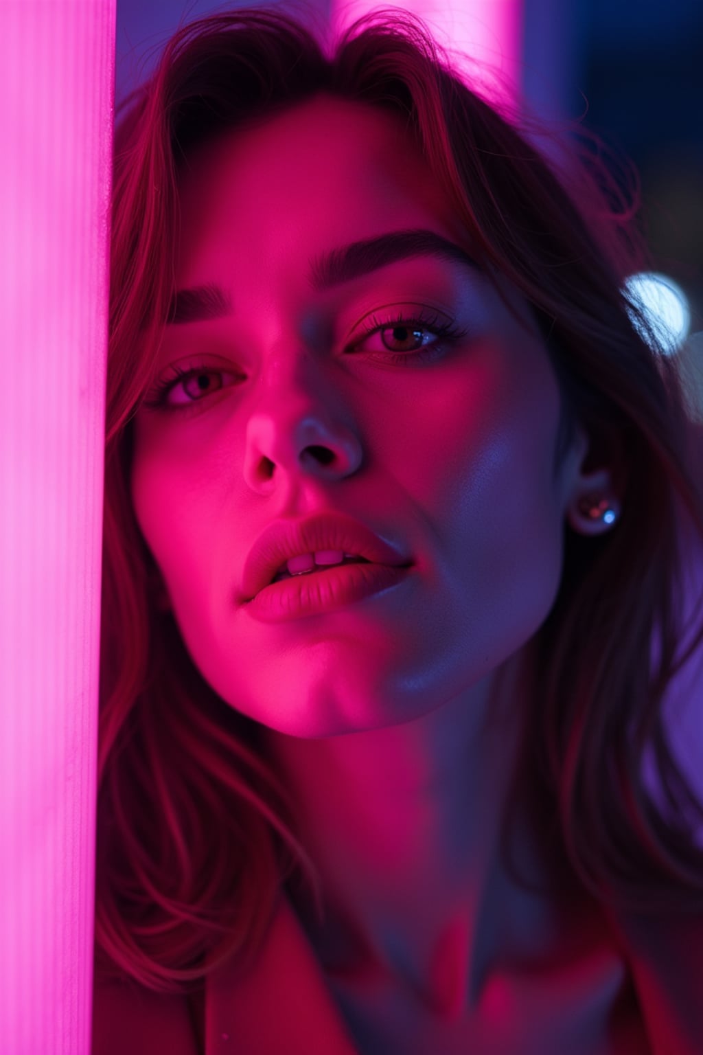Close-up portrait under glowing neon signs. Pink and purple lighting, high-contrast makeup . Sci-fi inspired photography.