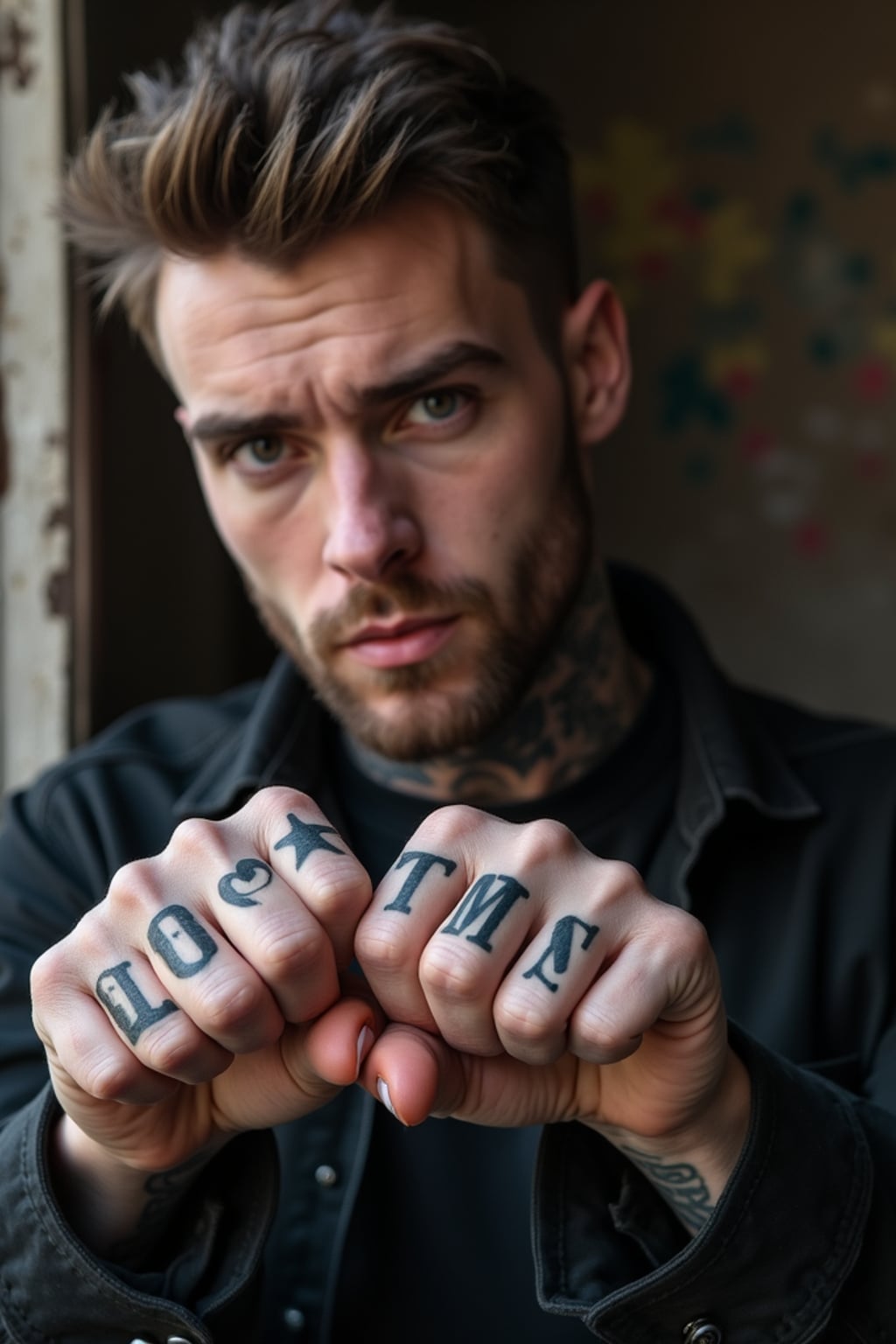 Model with tattooed knuckles and fingers, statement ink.  Bold single-letter knuckle tattoos, impactful look. Street-style photography.