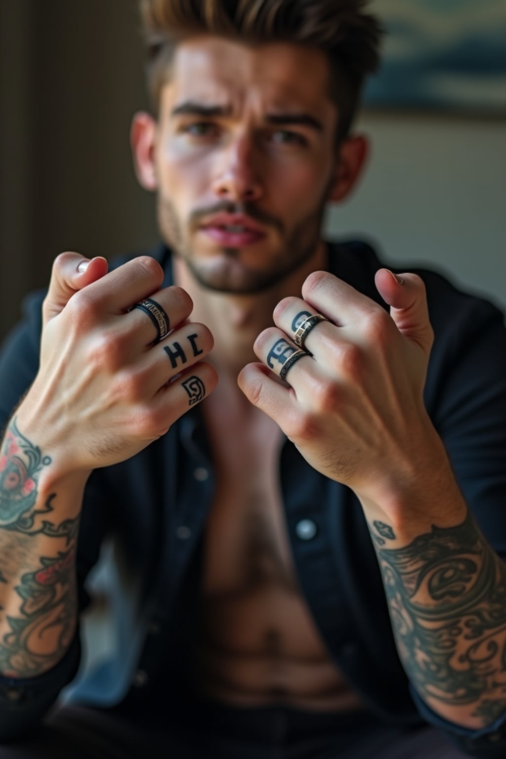 Model with tattooed knuckles and fingers, statement ink.  Bold single-letter knuckle tattoos, impactful look. Street-style photography.